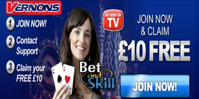 Vernons Casino: £10 no deposit bonus + £200 first deposit bonus + £500 second deposit bonus